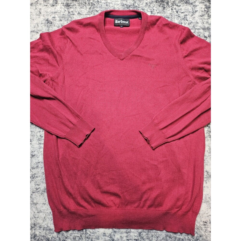 Barbour V-Neck Sweater Men Large Red Lightweight Cotton Cashmere Pullover